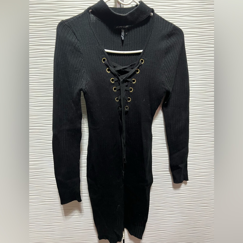 Black cut out lace up front sweater dress